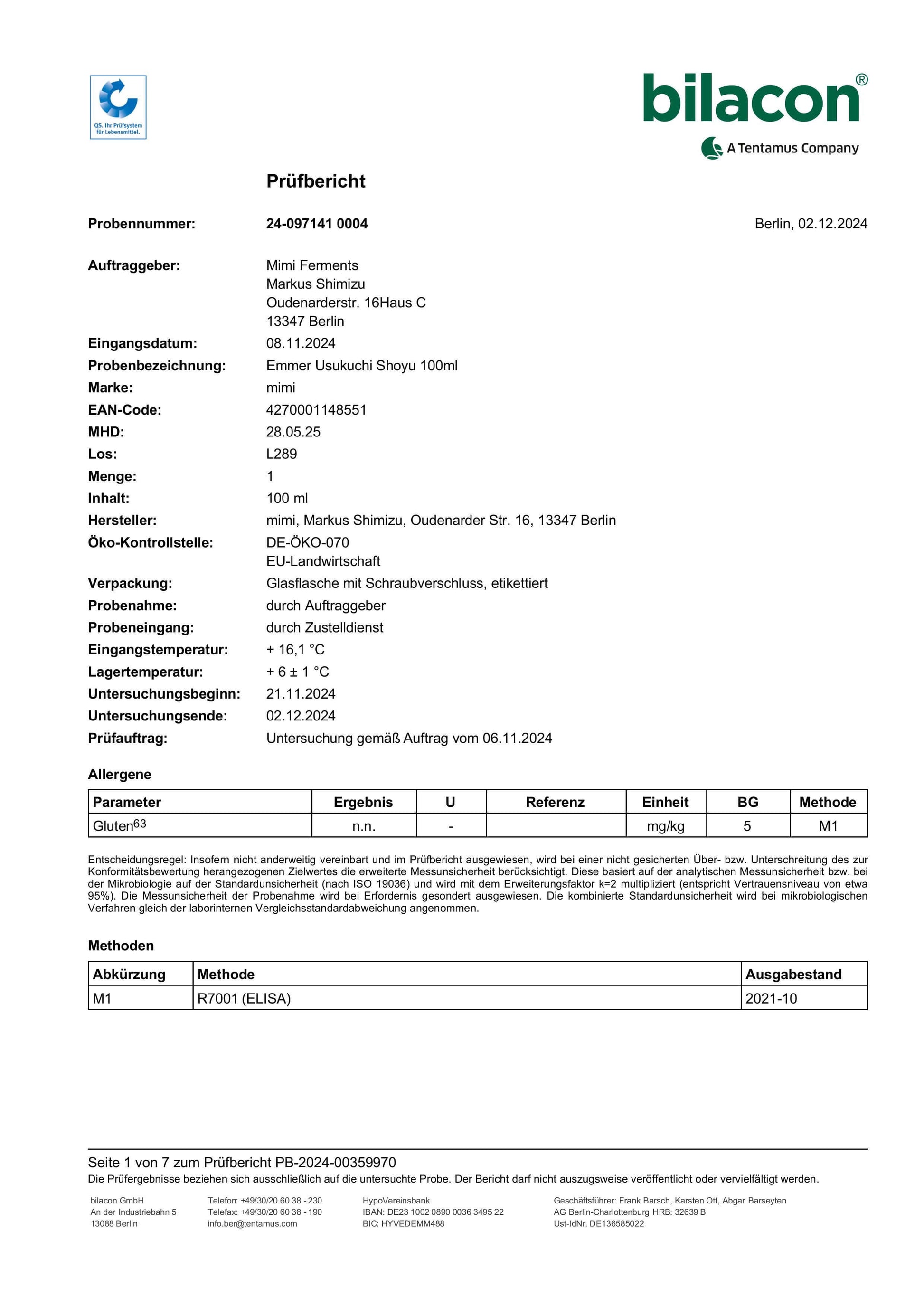 Bio emmer usukuchi shoyu Gluten Frei Labor Test
