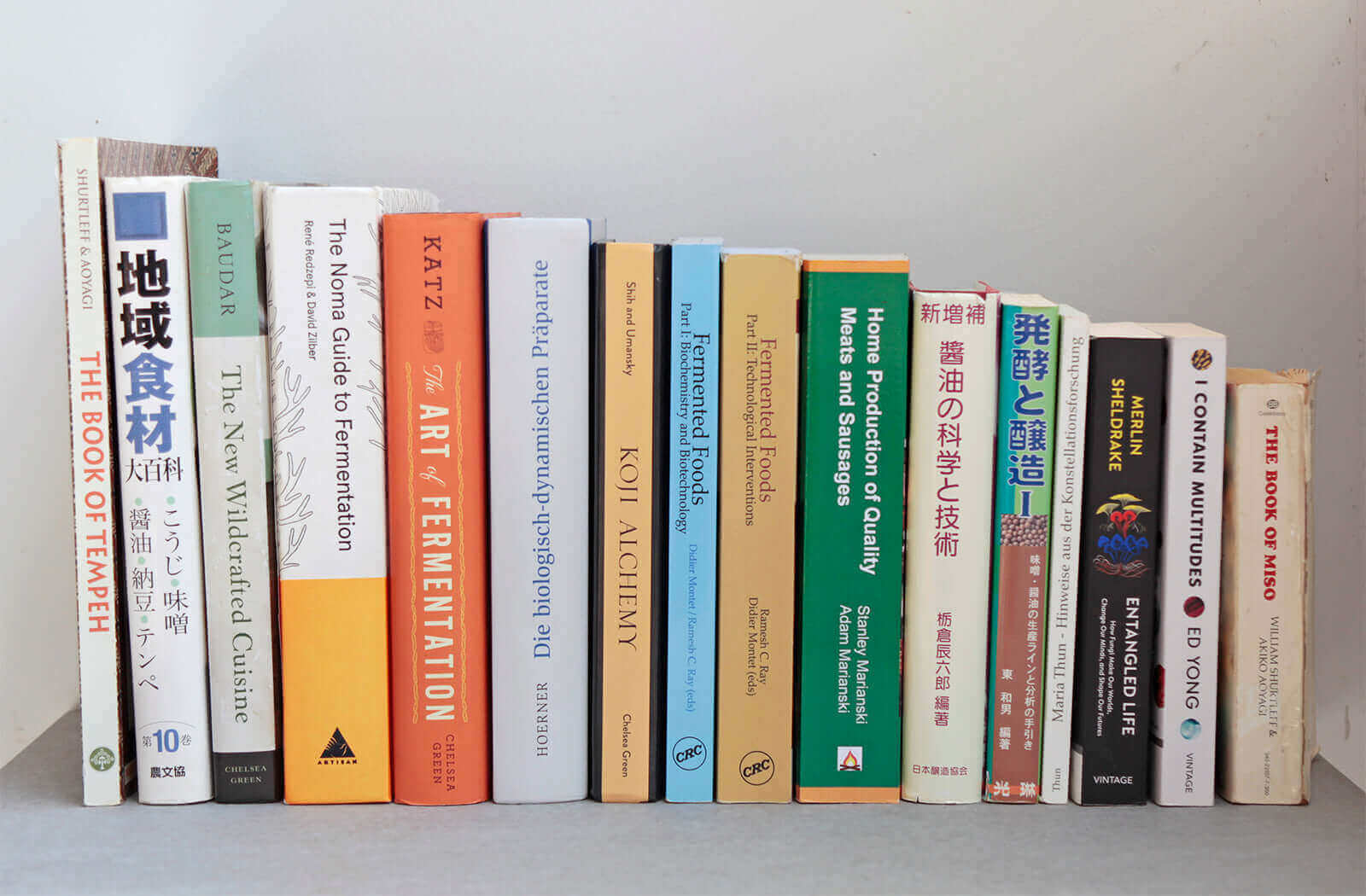 Bunte Sammlung von Literatur-Büchern, die verschiedene kulinarische Themen und Techniken behandeln.