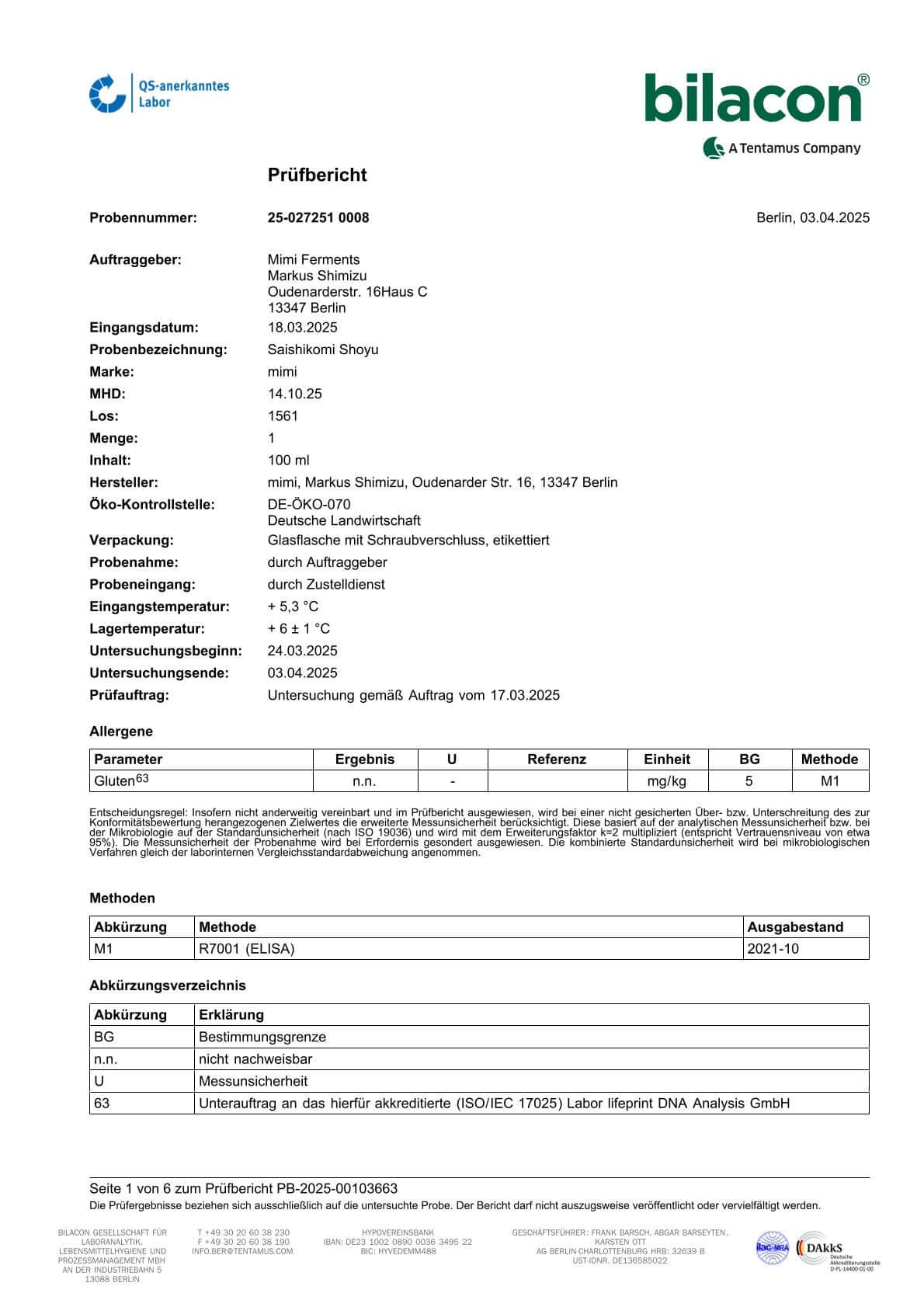 Bio dinkel saishikomi shoyu Gluten Frei Labor Test