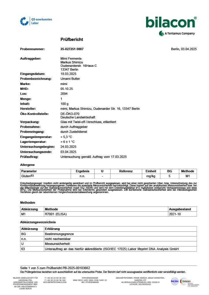 Bio umami butter Gluten Frei Labor Test